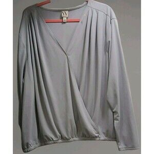 Worthington Wrap Blouse 2X Plus Size Light Gray V-Neck Long Sleeve Work Top